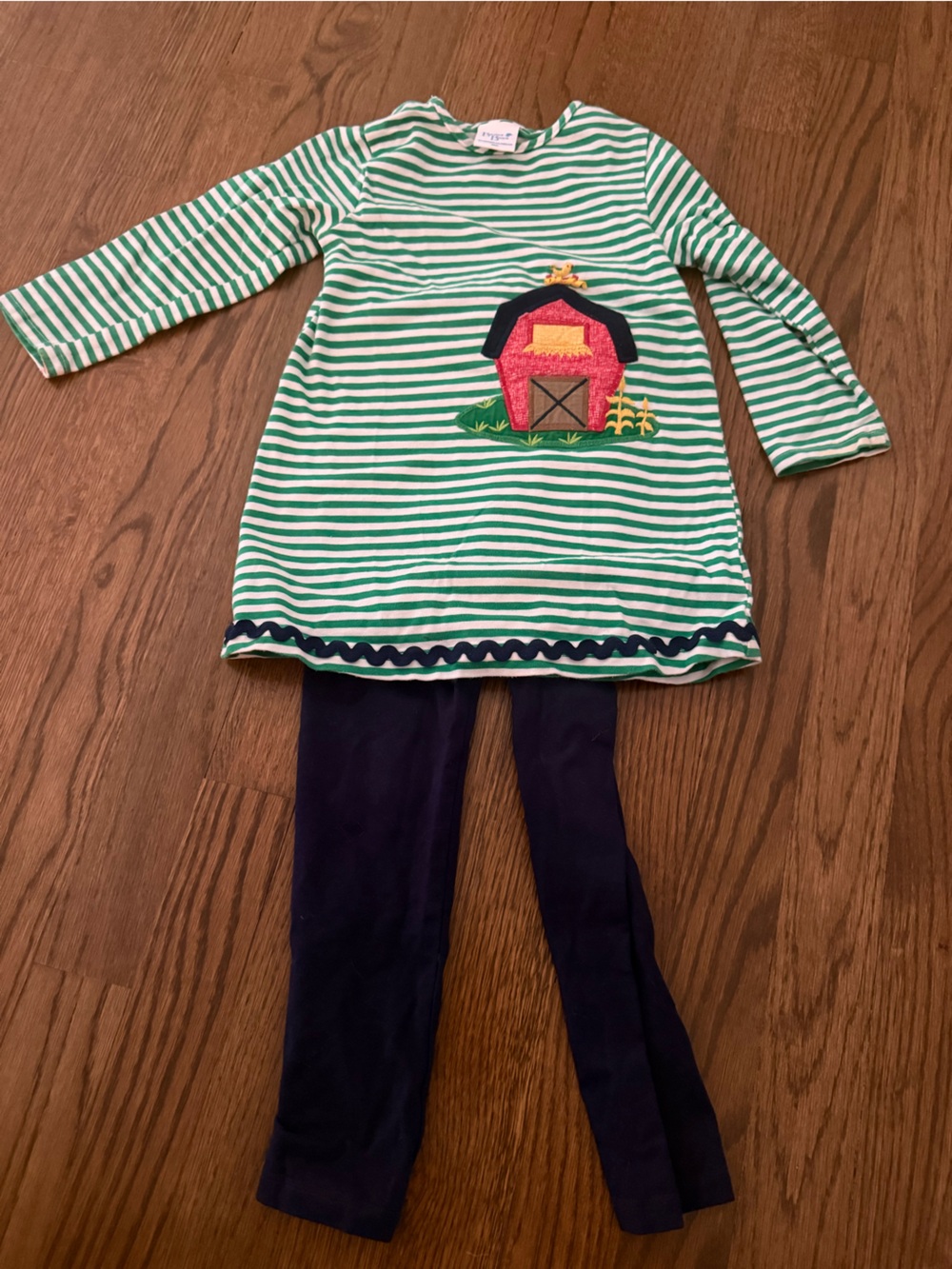 Bailey boys farm Green Striped tunic with cat and jack Navy Leggings